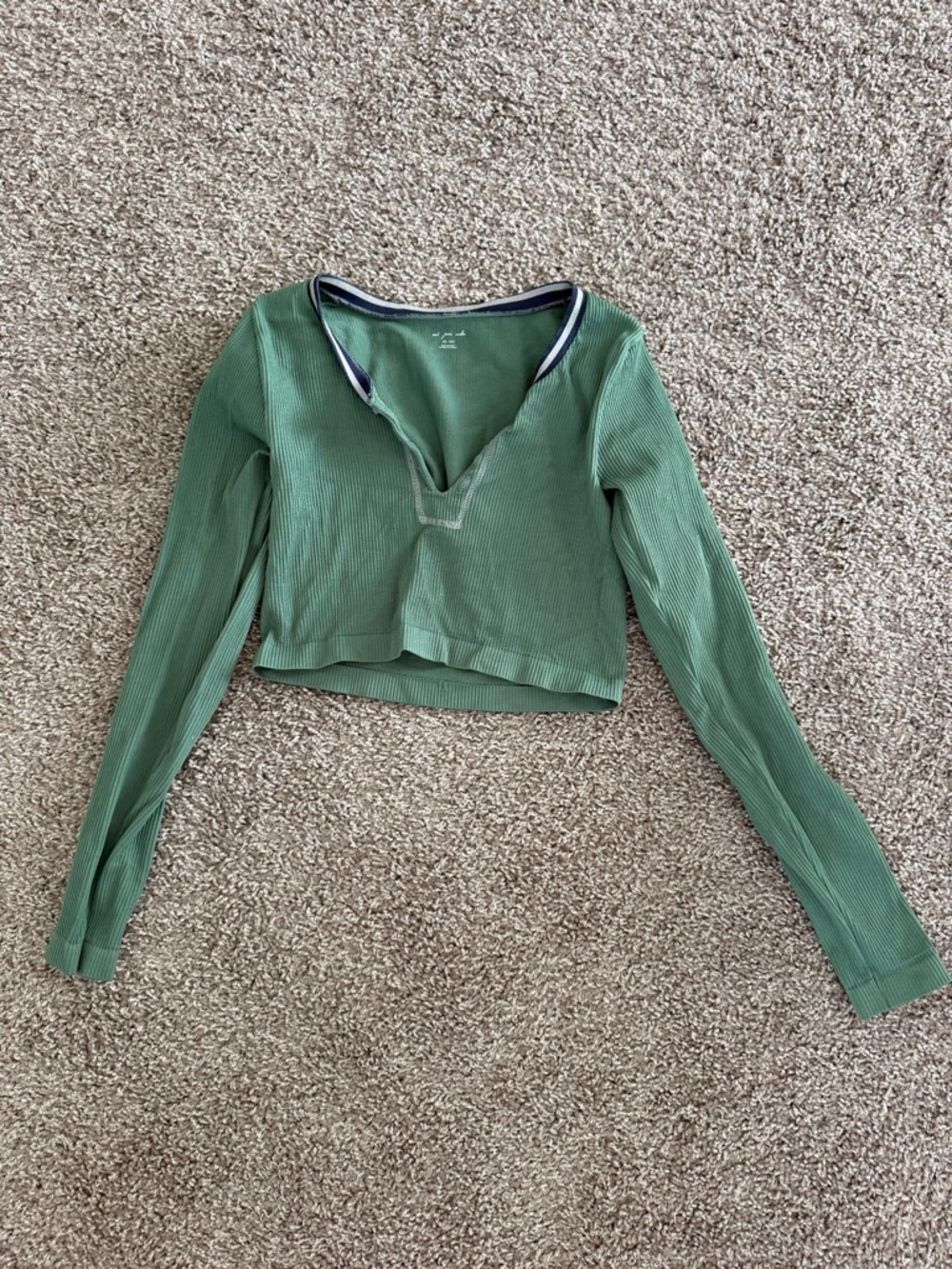 Urban Outfitters Sage Ribbed Cropped V-Neck Long Sleeve Top